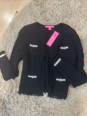 Lilly Pulitzer Black Tweed Fringe Knit Jacket with Metallic Trim